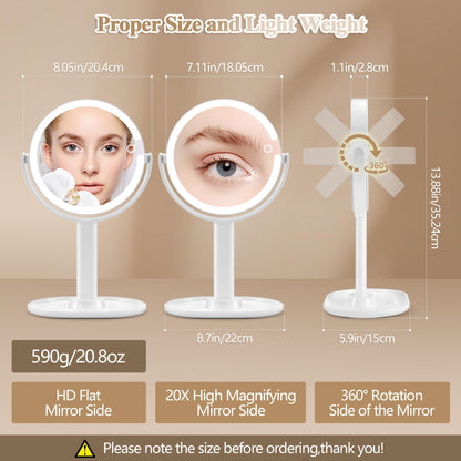 MOMOKUBA Makeup Mirror with Lights, Double Sided 1x/20x Magnifying Mirror with Light, Rechargeable 3 Color Lights and Adjustable Brightness, 360° Rotation Detachable Comes with Tweezer(White)
