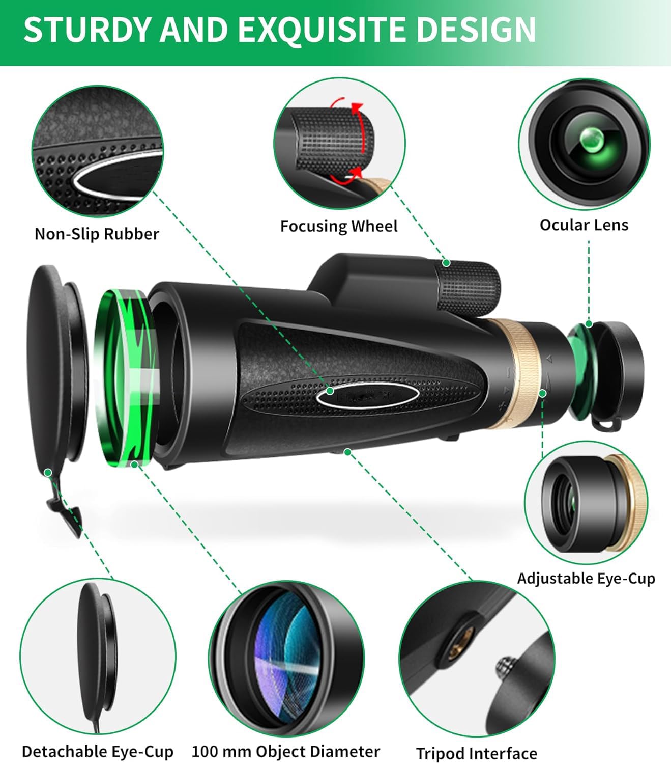 Monocular Telescope 80x100 HD Monoculars for Adults with Tripod, Monoculars for Bird Watching Stargazing Camping Hiking Hunting Wildlife Travel-Black