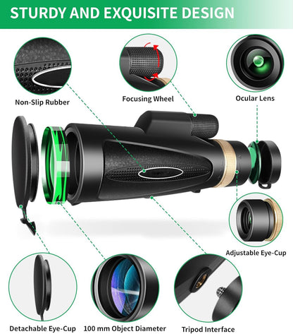 Monocular Telescope 80x100 HD Monoculars for Adults with Tripod, Monoculars for Bird Watching Stargazing Camping Hiking Hunting Wildlife Travel-Black