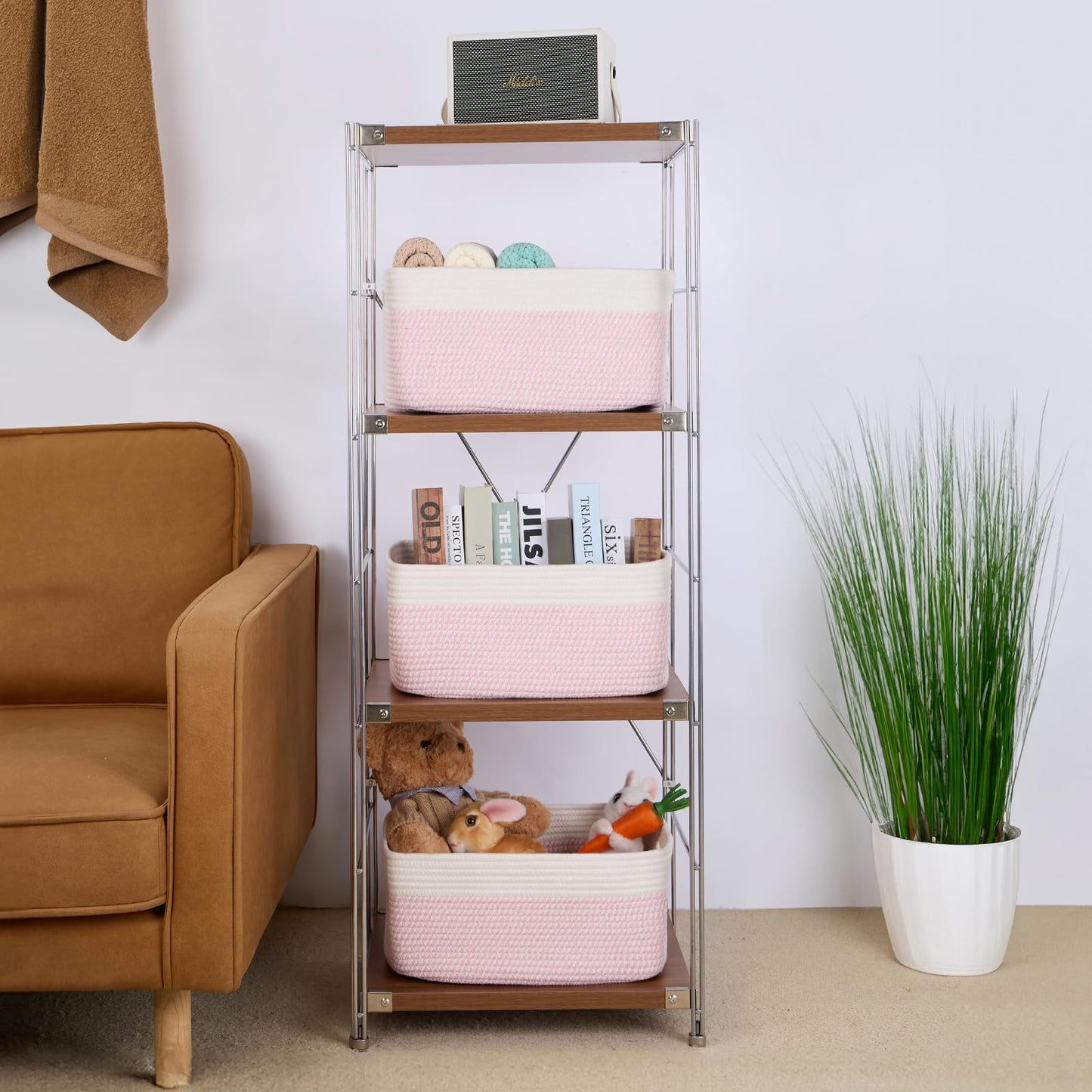 MiniArk Large Storage Baskets for Shelves, Closet Organizers Bins for Clothes Blanket Towels, Baby Nursery, Toy Baskets Box, Woven Rope Baskets, 17 x 13 x 7.5”, 3 Packs Woven Pink