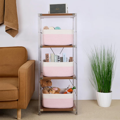 MiniArk Large Storage Baskets for Shelves, Closet Organizers Bins for Clothes Blanket Towels, Baby Nursery, Toy Baskets Box, Woven Rope Baskets, 17 x 13 x 7.5”, 3 Packs Woven Pink