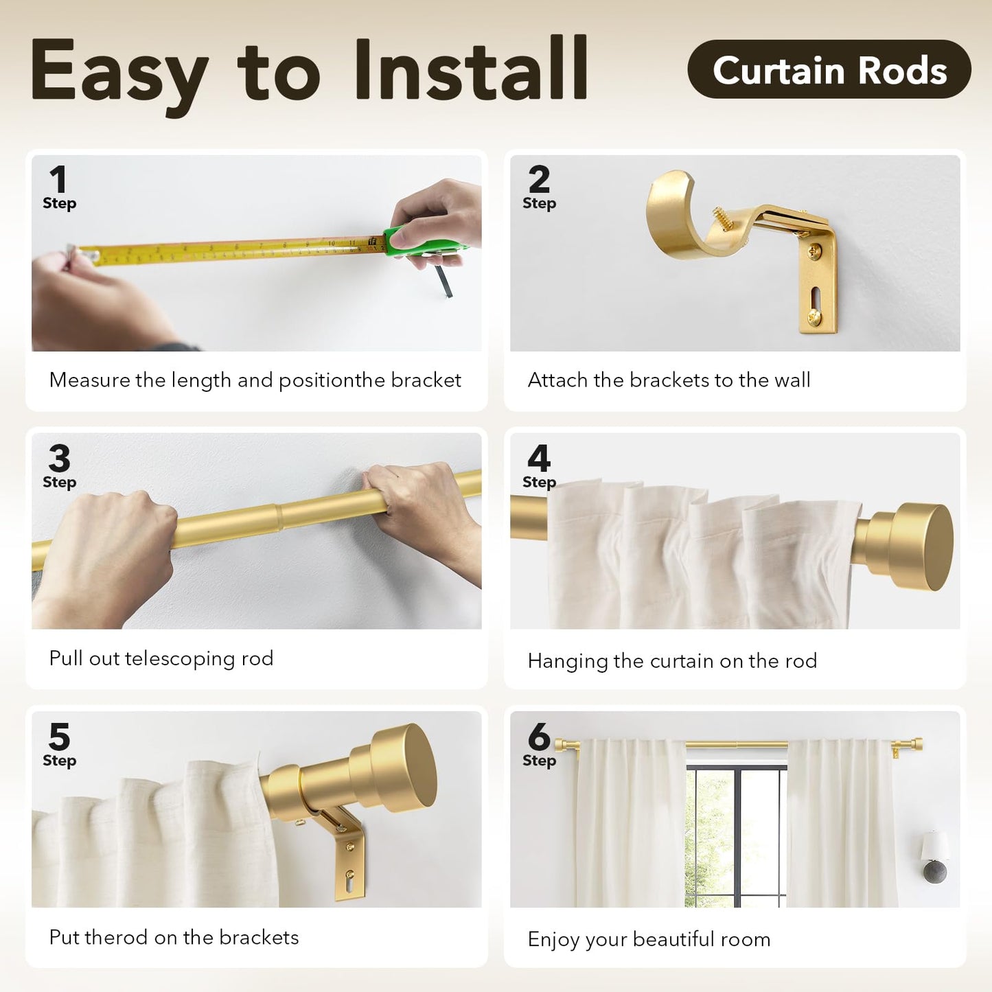 IFELS 2 Pack Heavy Duty Curtain Rods for Windows 28 to 48 Inch, 1 Inch Gold Adjustable Curtain Rod Set with Easy Installation and Modern Design (A1,Gold,30-60",2Pack)