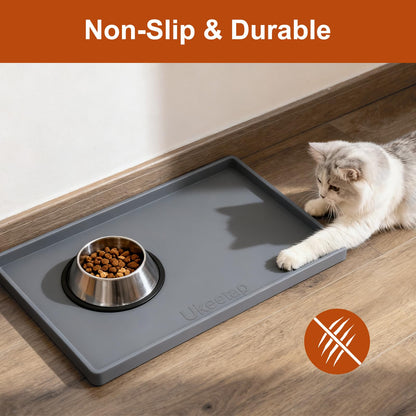 ukeetap 19” x 12” Extra Thick Waterproof Silicone Mat with Raised Edge, BPA Free Non-Slip Dog & Cat Food Mat, Feeding Mat for Food and Water Bowls, Spill Proof Mat to Protect Floors, Gray