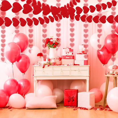 Valentines Day Decorations, 96 PCS Red Felt Heart Garland Hanging, Pre-Assembled Romantic Heart String Garland for Home, Wedding, Anniversary & Party Decor
