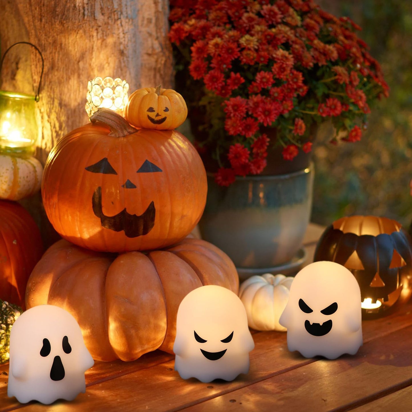 DRomance Halloween Ghost Lights Flameless Candles Battery Operated with Remote and Timer 6 Pack Spooky White LED Votive Candles Dimmable Light Halloween Indoor Decoration(2 x 2.4 Inches)