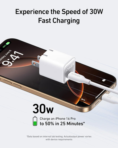 Anker Nano USB C Charger Block, 30W PIQ 3.0 Foldable iPhone Charger Fast Charging for iPhone 16/15 Series, Galaxy, iPad, Compatible with MagSafe
