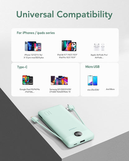 VEGER Portable Charger for iPhone with Built in Cables and Wall Plug, 10000mah Slim Fast Charging USB C Power Bank, Travel Essential Battery Pack Compatible with iPhone, iPad, Samsung etc(Green)