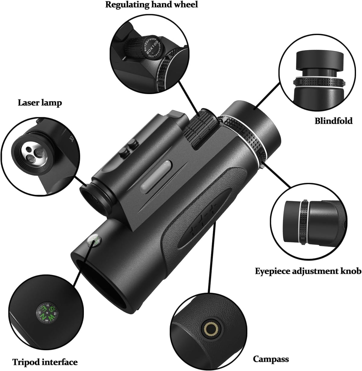 Monocular Telescope with Lights HD Monoculars 80x100 for Adults High Powered Monocular for Hunting with Smartphone Holder & Tripod, Handheld Telescope Suitable for Bird Watching Stargazing-Black