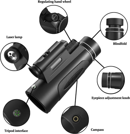 Monocular Telescope with Lights HD Monoculars 80x100 for Adults High Powered Monocular for Hunting with Smartphone Holder & Tripod, Handheld Telescope Suitable for Bird Watching Stargazing-Black