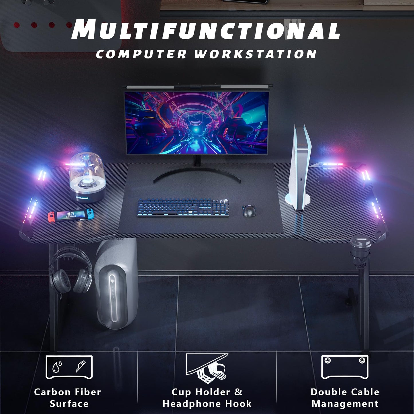 HLDIRECT 63 Inch Gaming Desk with LED Lights Carbon Fibre Surface Gaming Table Large Computer Desk Ergonomic Home Office Desks Z Shaped PC Gamer Workstations with Cup Holder & Headphone Hook Black
