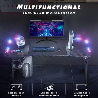 HLDIRECT 63 Inch Gaming Desk with LED Lights Carbon Fibre Surface Gaming Table Large Computer Desk Ergonomic Home Office Desks Z Shaped PC Gamer Workstations with Cup Holder & Headphone Hook Black