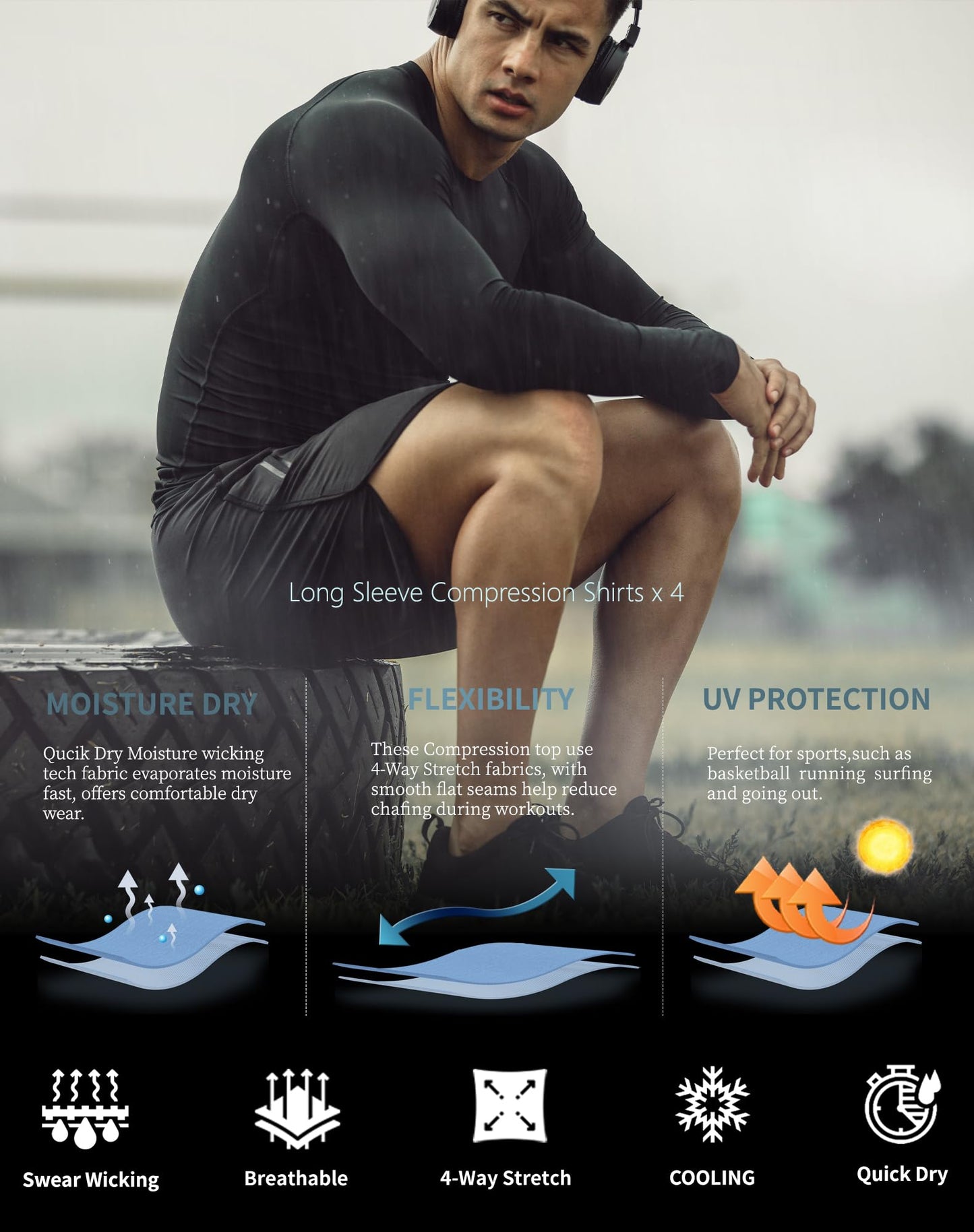 4 Pack Compression Shirts for Men Long Sleeve Athletic Cold Weather Base Layer Undershirt Gear T Shirt for Workout XL
