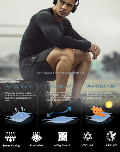 4 Pack Compression Shirts for Men Long Sleeve Athletic Cold Weather Base Layer Undershirt Gear T Shirt for Workout XL