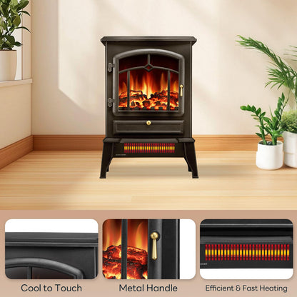 ZAFRO Electric Fireplace Stove, 5100 BTU Quick Heating Electric Fireplace Heater with Adjustable Flame Brightness, 1000W/1500W Thermostat, for Living Room, Bedroom
