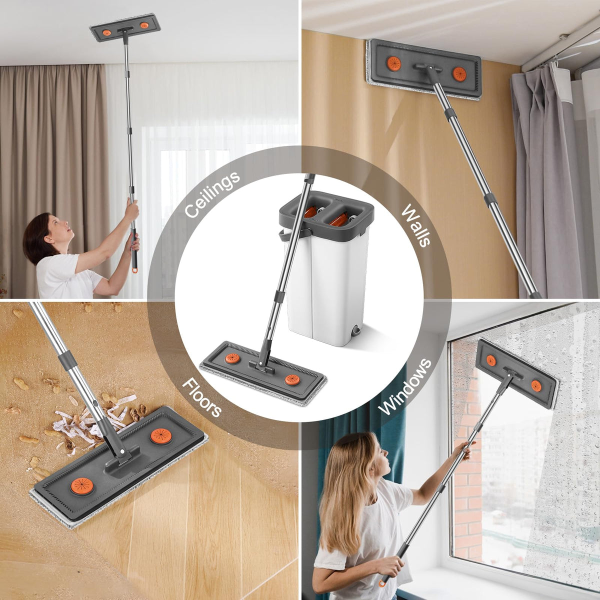 MUEE Mop and Bucket with Wringer Set for Home, Flat Mop and Bucket Set for Floor Cleaning and Window Wall Cleaner, Wet and Dry Mop with Long Handle and 3 Microfiber Pads