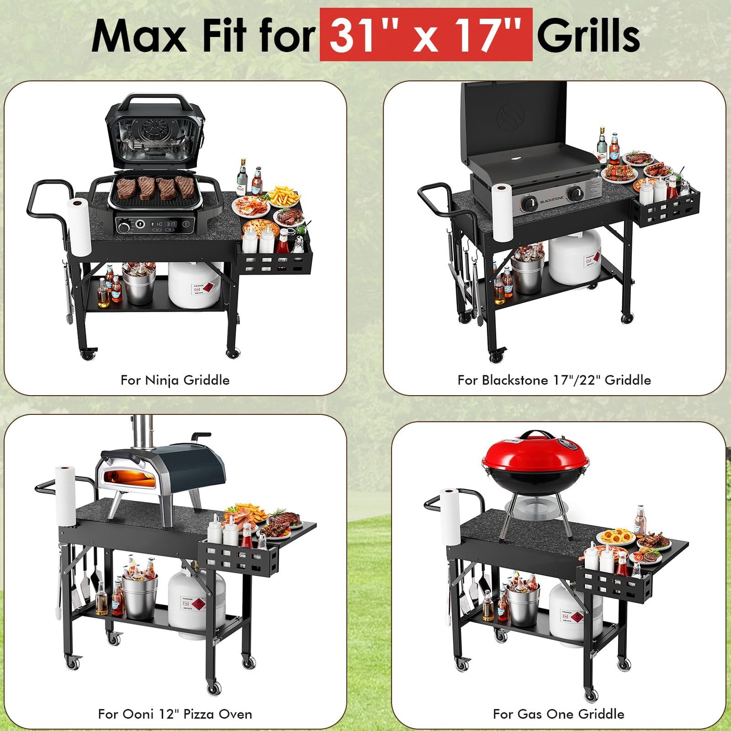 Leteuke Grill Cart for Blackstone Griddle, Portable Outdoor Grill Table, Foldable Cart Table with Wheels for Ninja Grill, Grill Cart Fit 17 Inch Or 22 Inch Griddle, BBQ Prep Table with Seasoning Tray