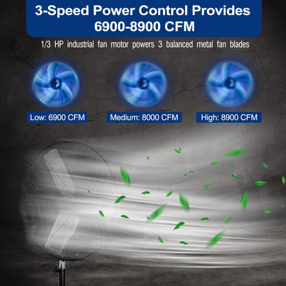 BILT HARD 8900 CFM 30" High-Velocity Industrial Pedestal Fan, 3-Speed Heavy Duty Industrial Standing Fan with Metal Aluminum Blades and Adjustable Height, Idea for Commercial, Shop, and Garage