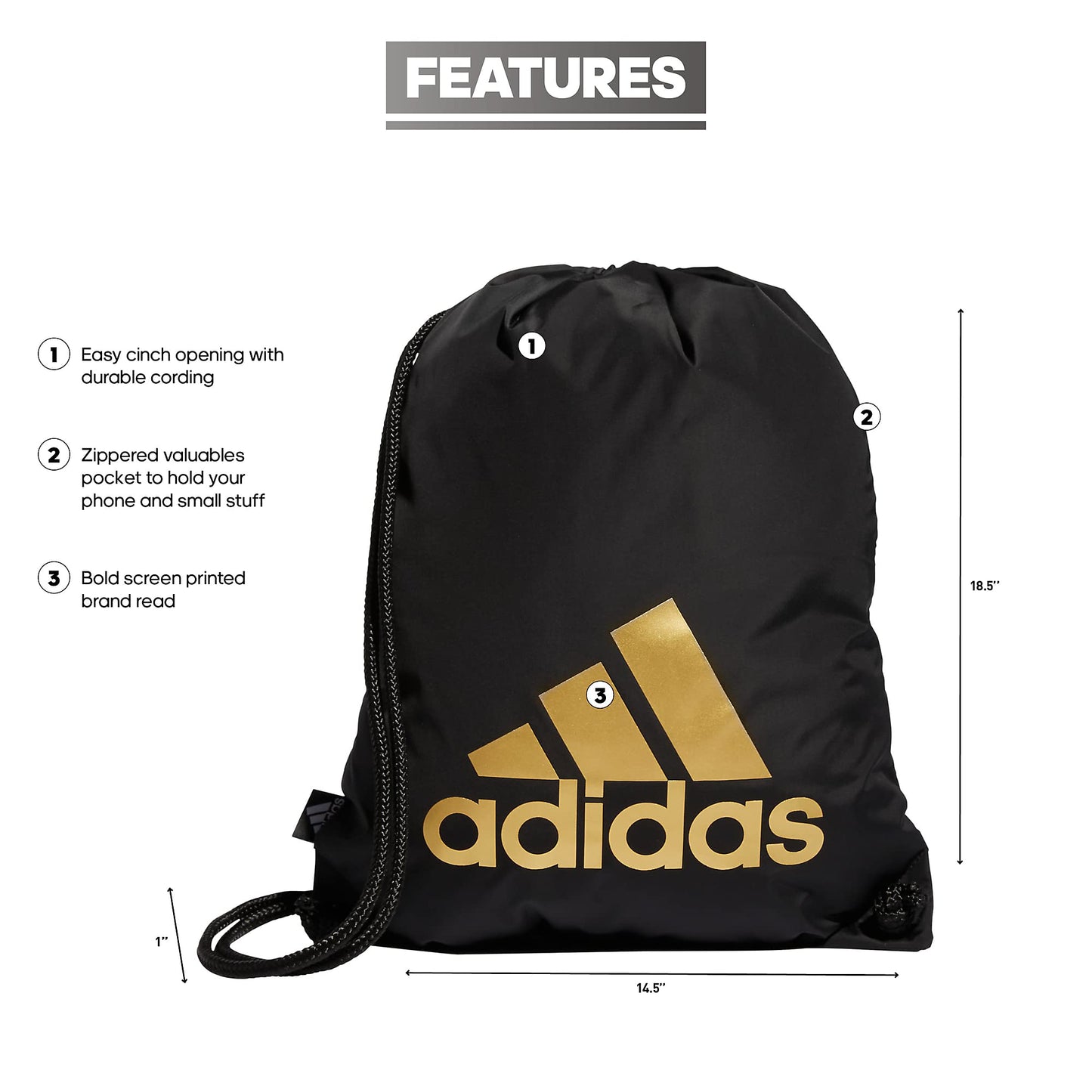 adidas Ready Sackpack, Drawstring Backpack for Women and Men, Lightweight Small Gym Bag, Black/Gold Metallic, One Size