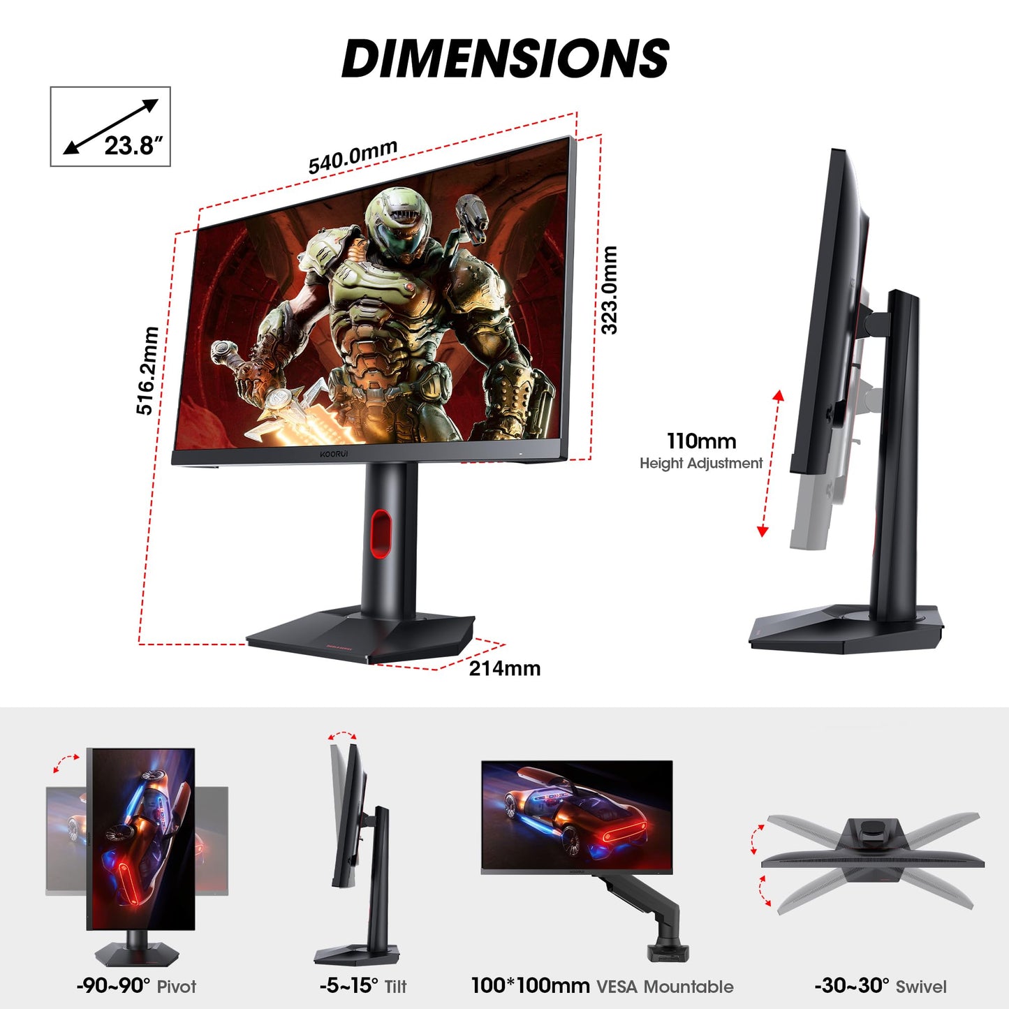 KOORUI Gaming Monitor, QHD 24" Nano IPS Monitor, 1440P 165Hz Computer Monitor, 1ms 2K PC Monitor, 100% sRGB, Adaptive Sync, Height/Tilt/Pivot Adjustment, HDMI, DisplayPort, GP01