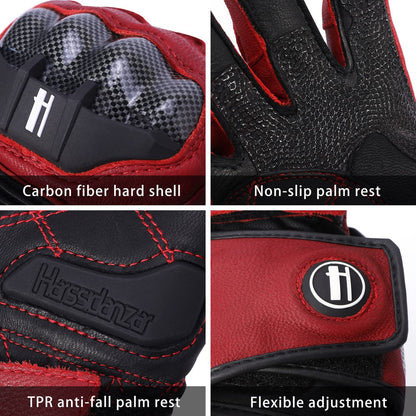 Harssidanzar Leather Motorcycle Gloves for Men and Women,Powersports Carbon Fiber Knuckle Protection Motorbike Gloves KM045,Oxblood/Black,Size XL