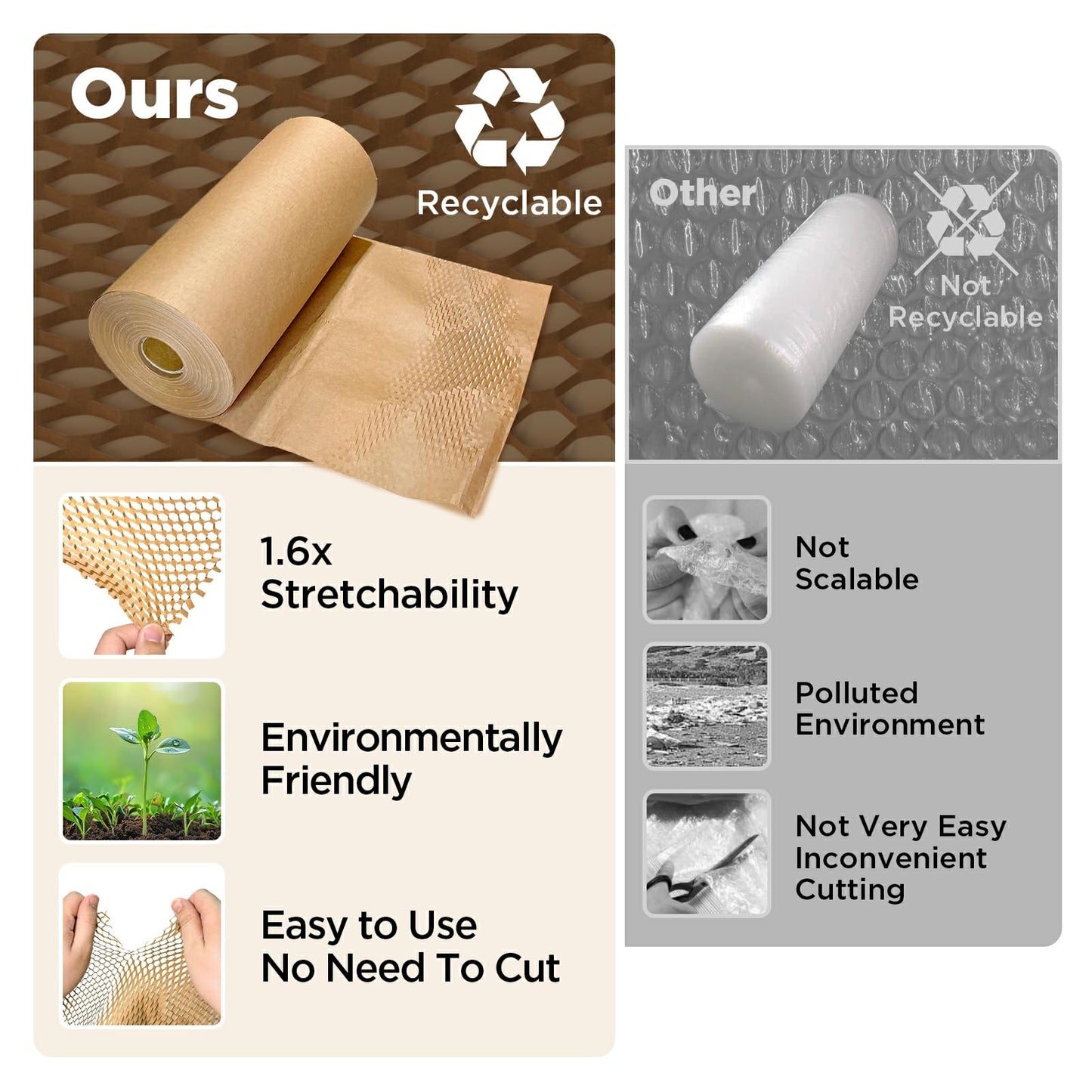 Honeycomb Packing Paper, 12"x200' Brown | Perforated Honeycomb Packing Paper Recyclable Moving Supplies for Shipping & Moving | Plastic-Free Alternative to Bubble Cushion Wrap with 36 Fragile Stickers