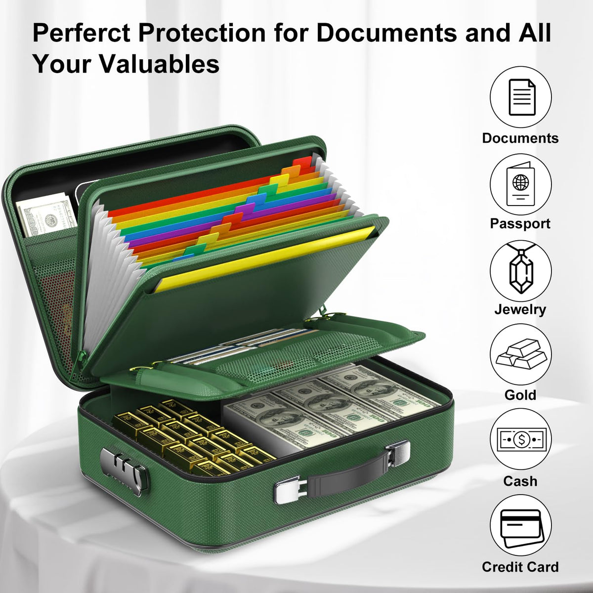 COLCASE Fireproof Document Folder, Hard Case Fireproof Document Box with Lock Hard-Shell Design Fireproof Water Resistant Document Box for Important Documents Certificates Laptop Passports Green