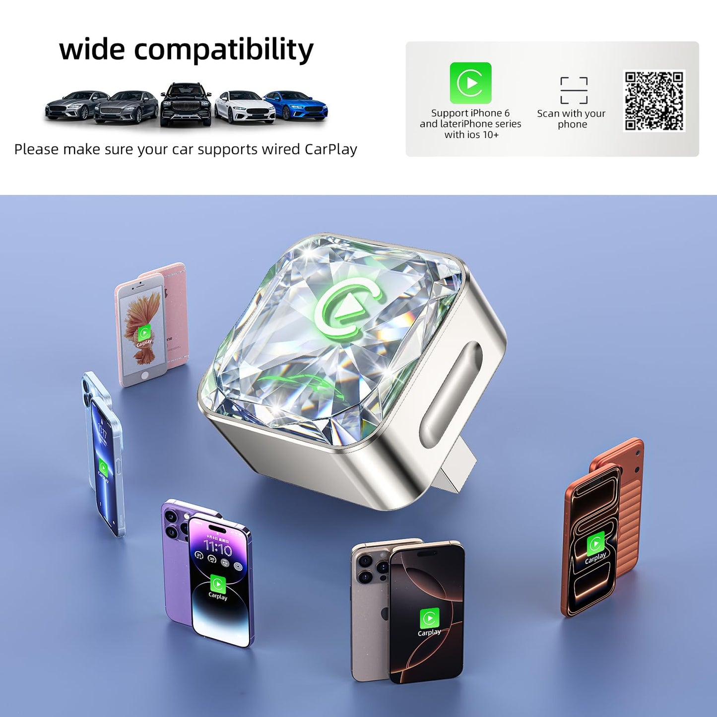 Wireless Apple CarPlay Adapter, 5.8G Quad-Core Chip No Latency, Aerospace Silicone Cooling, Zn-Alloy & Diamond Panel, Plug & Play Wired to Wireless CarPlay Adapter