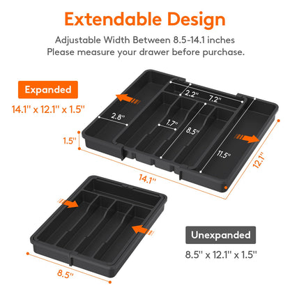 Lifewit Silverware Drawer Organizer, Expandable Utensil Tray for Kitchen, BPA Free Flatware and Cutlery Holder, Adjustable Plastic Storage for Spoons Forks Knives, 8.5"-14.1" x 12.1", Black