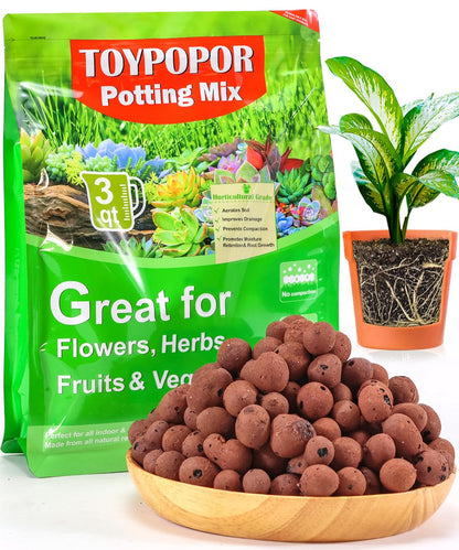 TOYPOPOR Leca Clay Pebbles for Plants, (3 Quarts) Leca Balls, Lightweight Clay Ball, Potting Mix, Grow Media Used for Drainage, Decoration, Aquaponics, Hydroponics and Other Gardening Essentials