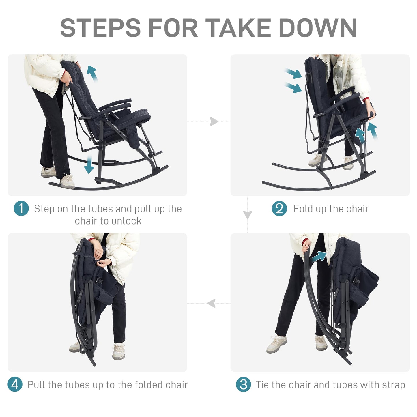 EVER ADVANCED Oversized Folding Rocking Camping Chair, Padded Portable Rocker Chairs for Patio, Lawn and Outdoors, Heavy Duty Hard Armchair for Adults Supports 400lbs, Black