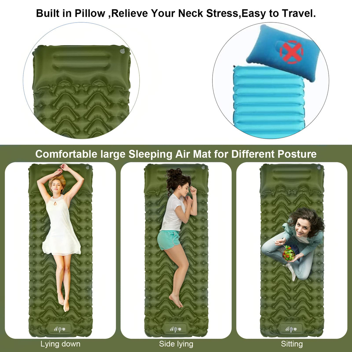 MOXILS Sleeping Pad, Ultralight Inflatable Sleeping Pad for Camping, Built-in Pump, Ultimate for Camping, Hiking, Airpad, Carry Bag, Repair Kit, Compact & Lightweight Air Mattress(Green)