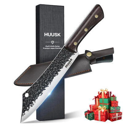 Huusk Butcher Knife 8 Inch, Hand Forged Meat Knife with Wood Full Tang Handle, Japanese Chef Knives with Box, Ideal Gift for Man and Women