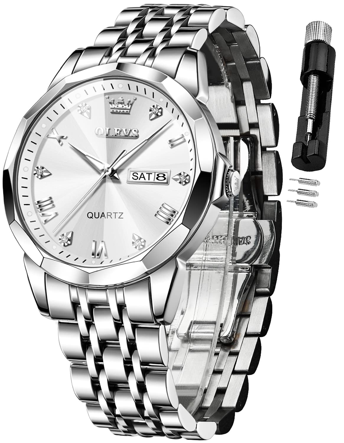 OLEVS Watch for Men Diamond Business Dress Analog Quartz Stainless Steel Waterproof Luminous Date Two Tone Luxury Casual Wrist Watch Silver Mens