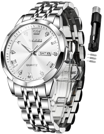 OLEVS Watch for Men Diamond Business Dress Analog Quartz Stainless Steel Waterproof Luminous Date Two Tone Luxury Casual Wrist Watch Silver Mens