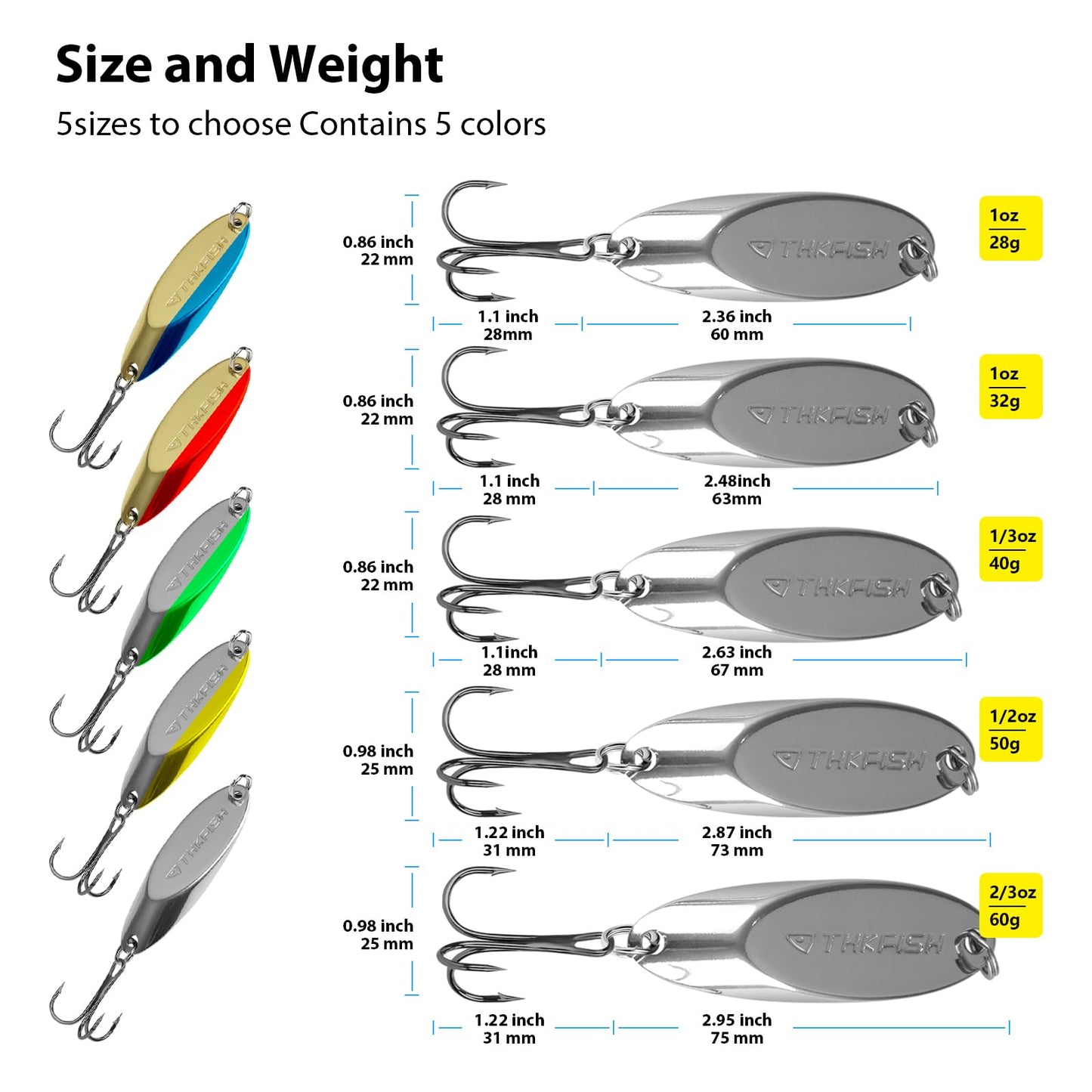 THKFISH Fishing Lures Trout Lures Fishing Spoons Lures for Trout Pike Bass Crappie Walleye Color B Single Hook 1-1/5oz 5pcs