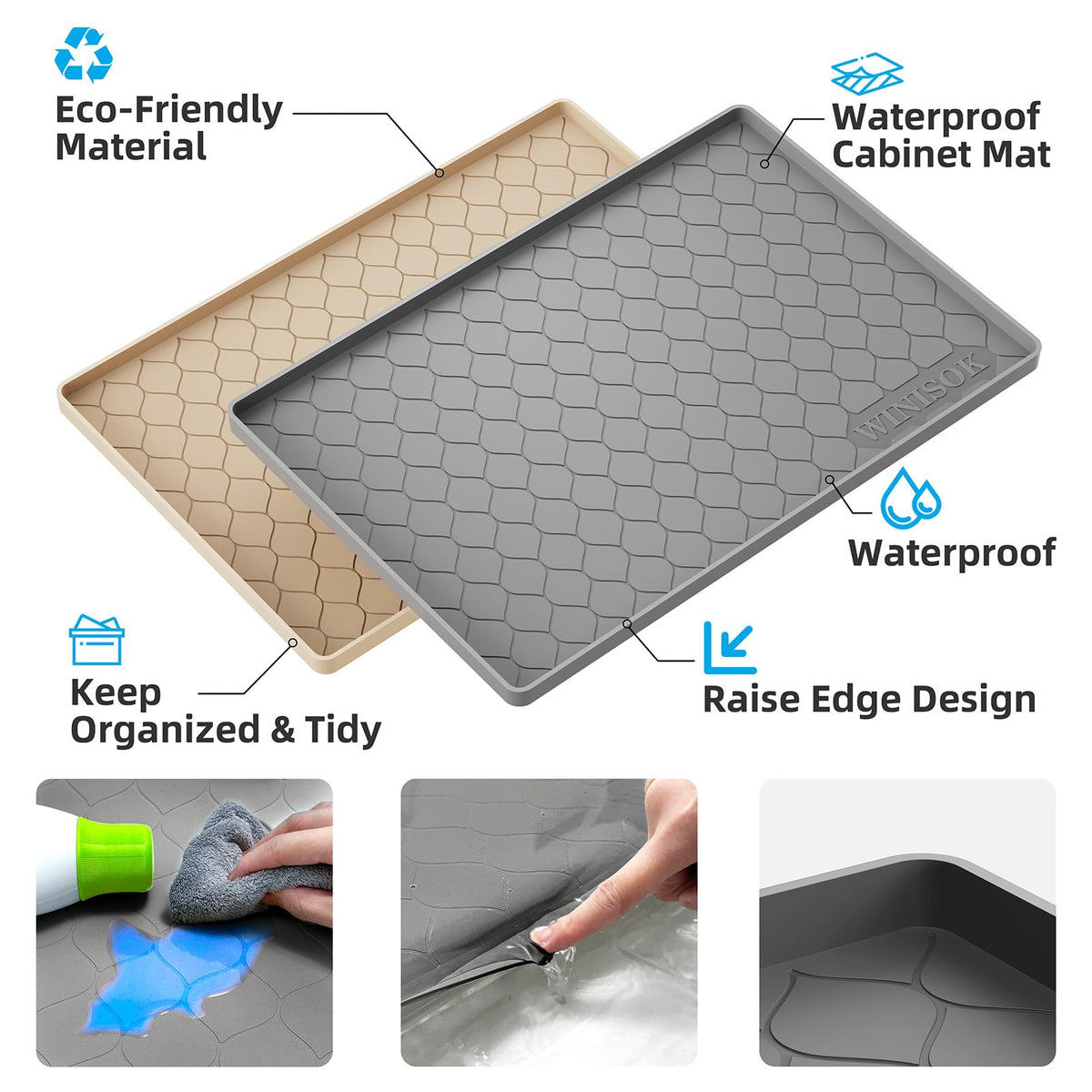Winisok Silicone Under Sink Mat 28" x 22", kitchen Essentials and Gadgets, Shelf liner and Cabinet Protector, Home Organizers and Storage, Waterproof Bathroom Tray