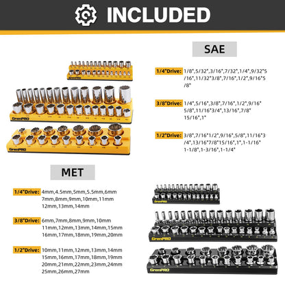 GRENPRO Socket Organizer for Tool Box Drawer, 6pc 143 Metric & SAE Magnetic Socket Holder, 1/4", 3/8", 1/2" Drive Socket Tray Set, Magnetic Socket Organizer