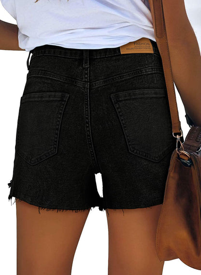 Women Casual Jean Shorts 2025 Trendy Boyfriend High Waisted Denim Shorts Stretchy Frayed Dress Shorts for Summer（Black,M）
