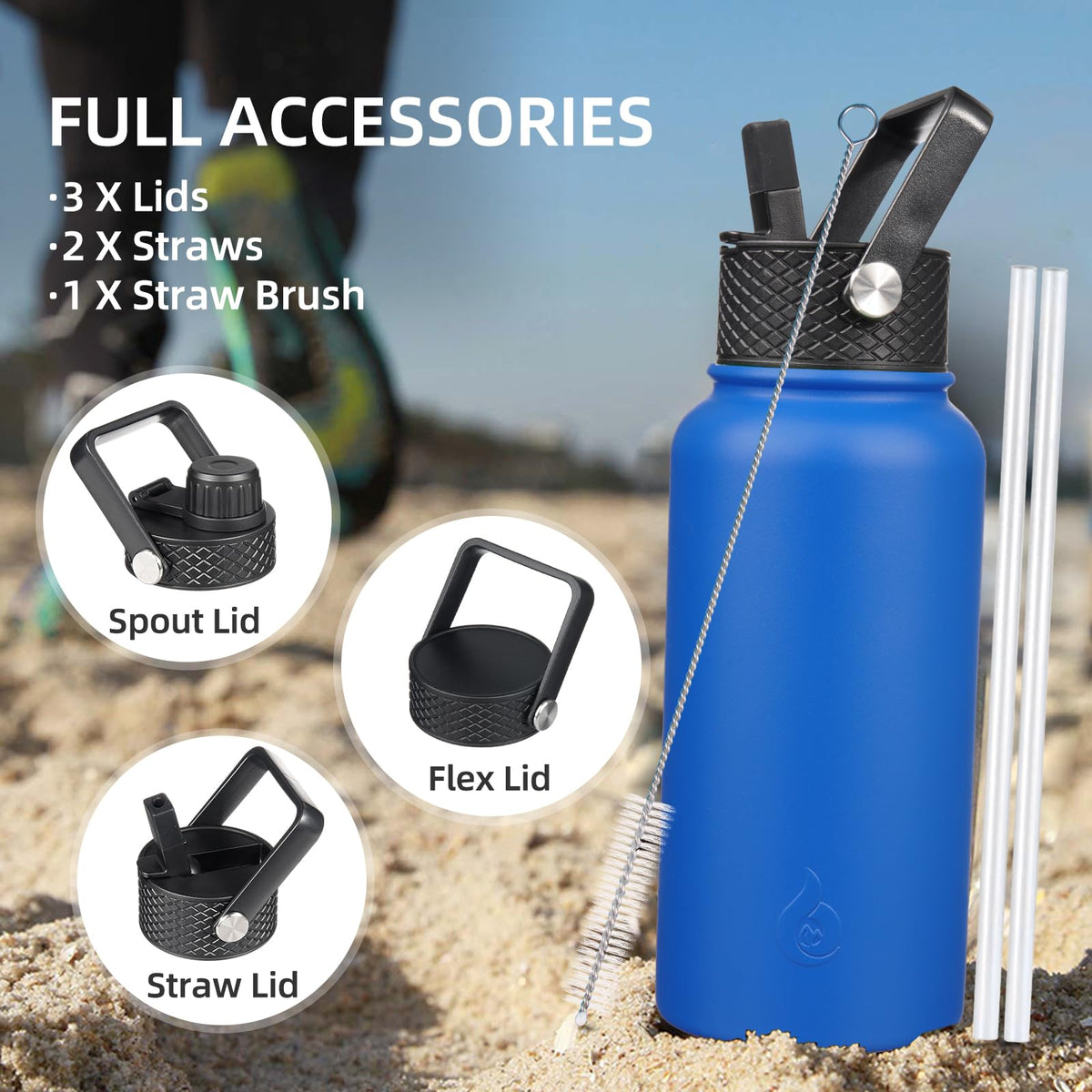 BJPKPK Insulated Water Bottles with Straw Lid, 22oz Cold & Hot Thermos, Stainless Steel Metal Water Bottle with 3 Lids, Reusable Thermos, Cups, Mugs for Daily Use-Ocean