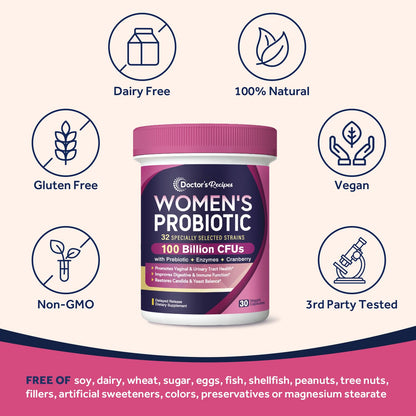 Doctor's Recipes Probiotics for Women, 100 Billion CFU 32 Strains, with Prebiotic Fiber, Enzymes & Cranberry, Vaginal Urinary Digestive & Immune, No Yeast, Shelf Stable, Delayed Release, 30 Caps