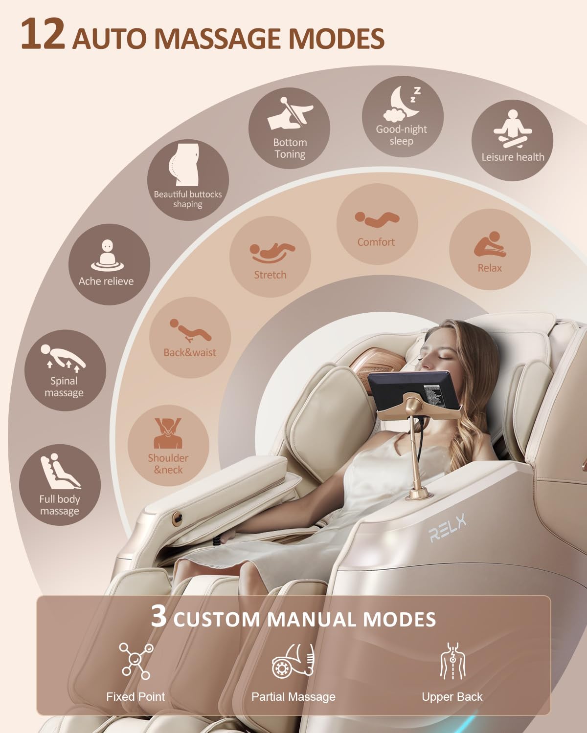 RELX 2025 Massage Chair Full Body, 15 Modes Zero Gravity SL-Track Shiatsu Massage Chair Built-in Heat System, Airbag Massage with Body Scan, Deep Yoga Stretch, Calfrest Extension and AI Control(Cream)