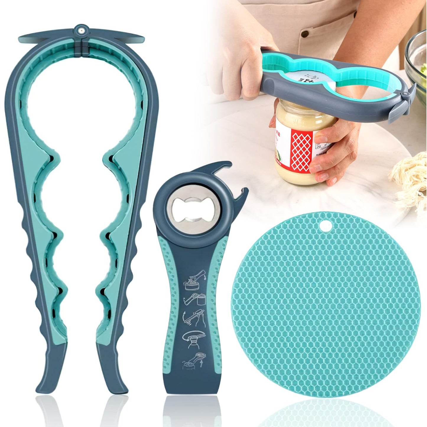 3-piece Jar Opener Gripper Set, 5 in 1 Multi-Function Bottle Lid Opener for Arthritic Hands with Non Slip Rubber Jar Opener Gripper Pad