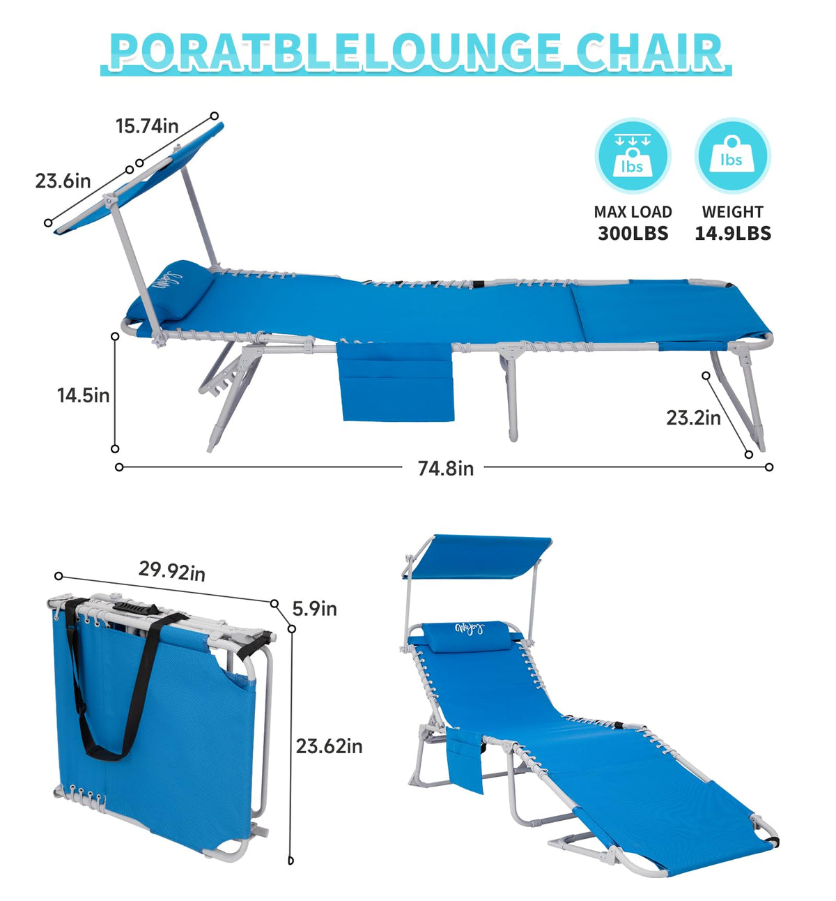 #WEJOY 3 in 1 Tanning Chair with Face Hole & Canopy, 300 lbs Heavy Duty 5 Positions Folding Face Down Lounge Chairs Outdoor with Pillow & Storage Bag Portable for Pool Beach Lawn Camping (Blue)