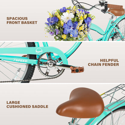 WEIZE Beach Cruiser Bike, 26 inch Commuter Bicycle for Adult Men and Women, 7-Speed/High-Carbon Steel/Front & Rear Fenders, Comfortable City Bikes with Rear Rack&Basket, Teal
