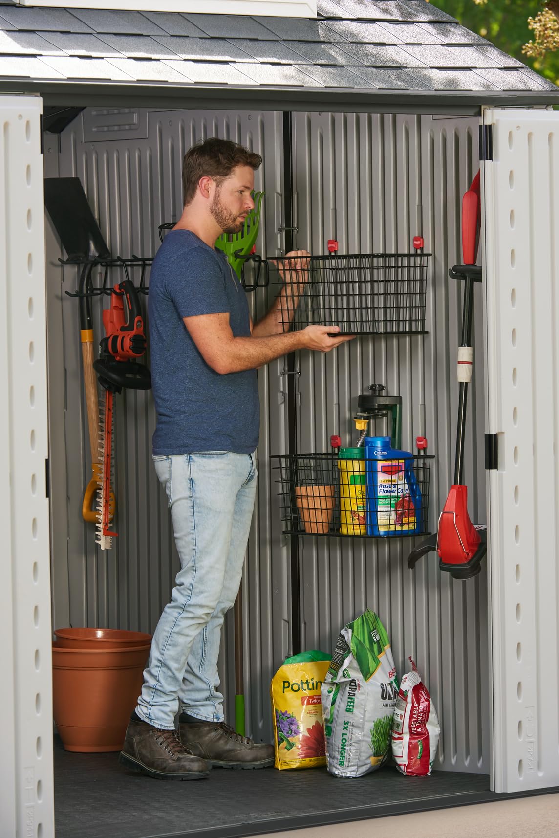 Rubbermaid Resin Outdoor Storage Shed With Floor (7 x 7 Ft), Weather Resistant, Gray, Organization for Home/Backyard/Garden Tools/Lawn Mower/Bike Storage/Pool Supplies