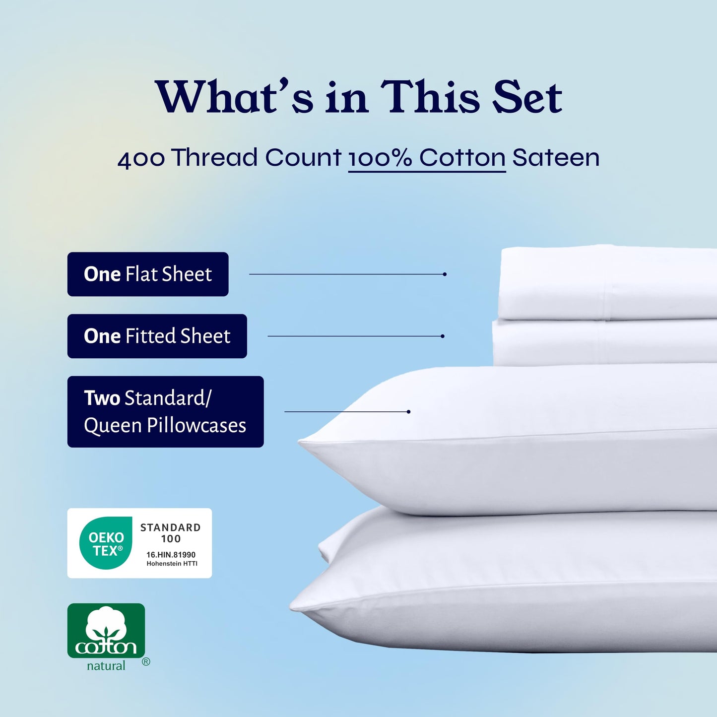 California Design Den 100% Cotton Sheets - 400 Thread Count Sateen Bed Sheets Queen Size Bed Set with Deep Pockets, Cool and Durable Bedding Set - White
