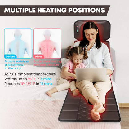 Massage-Mat, Detachable Neck Massager, Full Body Vibration Heating, Massage Pad with 10 Vibrating Motors and 9 Speed Settings for Home Office Use, Brown