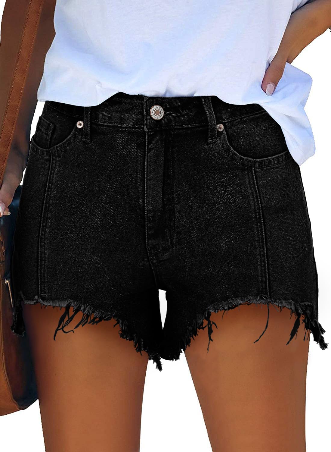 Women Casual Jean Shorts 2025 Trendy Boyfriend High Waisted Denim Shorts Stretchy Frayed Dress Shorts for Summer（Black,M）