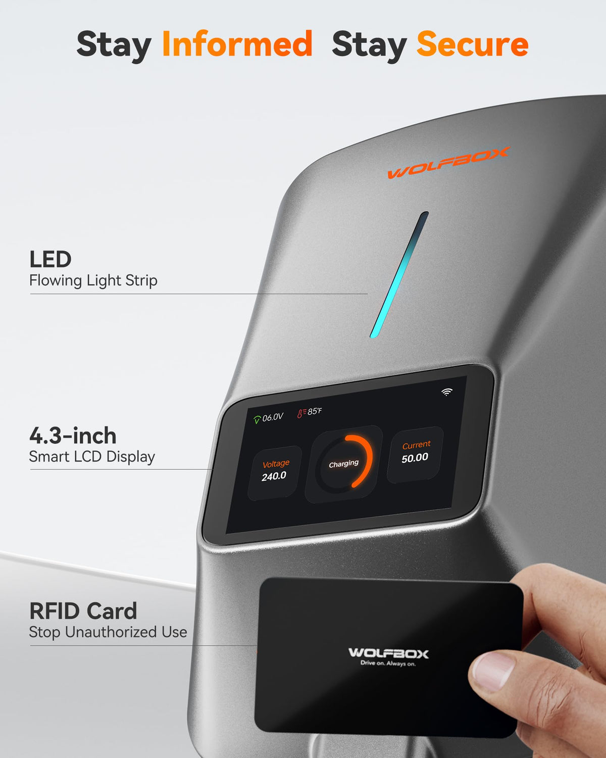 WOLFBOX Level 2 EV Charger 50 Amp - Smart Display, RFID Card, 25ft Cable, Outdoor/Indoor, Hardwired EV Charger Level 2, WiFi Enabled Electric Car Charger, 240V Electric Vehicle Charging Stations