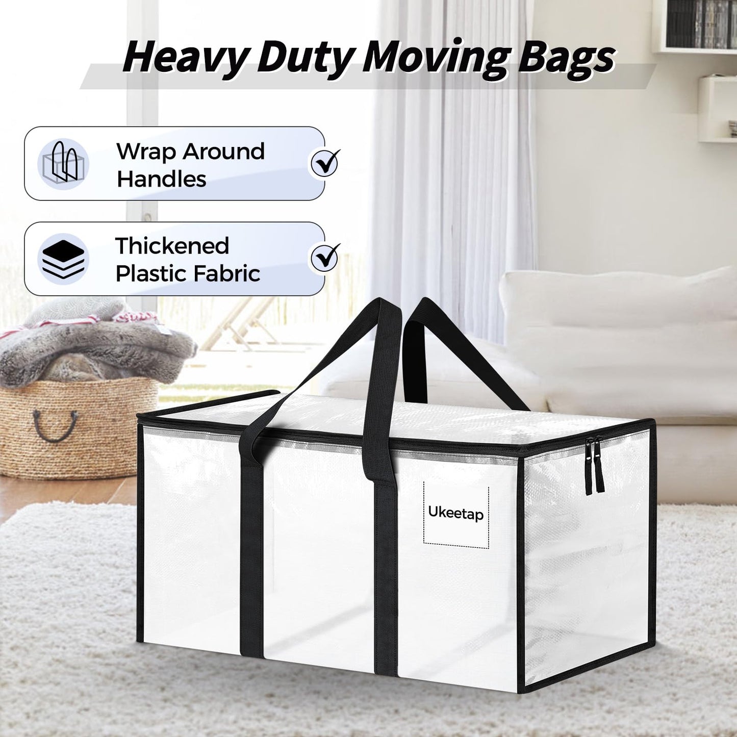 8 Pack Extra Large Heavy Duty Moving Bags, Clear Storage Bins with Lids, Reinforced Handles & Heavy-Duty Zippers Moving Boxes Storage Bags Totes for Clothes Packing, Dorms, College Supplies, Clear